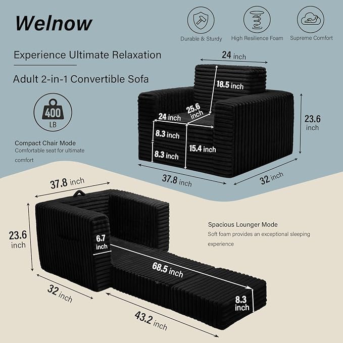Welnow Folding Sofa Bed with Ottoman Convertible 2-in-1 Boneless Couch Futon Lounge Chair Bed for Adults Comfy Fold Out Sleeper Sofa for Small Spaces Living Room Bedroom or Dorm Black