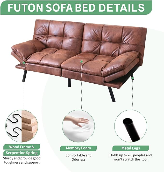 MUUEGM 71 Futon Sofa Bed Convertible Couch Filled with Memory Foam Modern Loveseat with Adjustable Backrest&ampArmrest Sofas for Living RoomGame RoomDormitoryOffice.Brown Leather