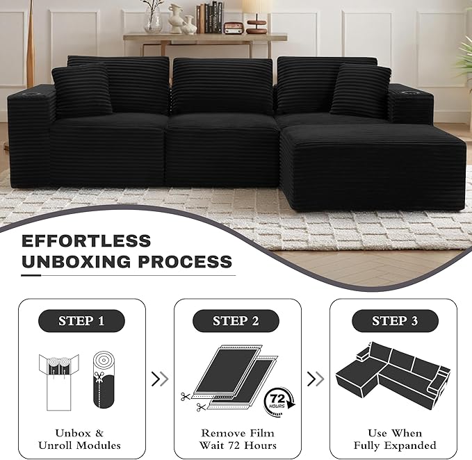 110”Modular Sectional SofaCloud Boneless Couch with Deep SeatModern Modular L-Shape Sofa Couch with 0ttomanUpholstered Couches for Living Room Bedroom (Black)
