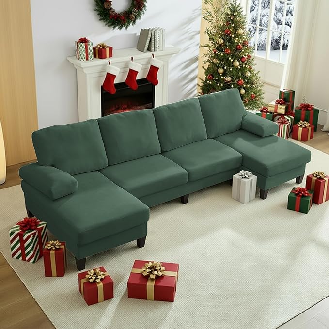 Mjkone 110 Width Sectional Couches with Chaises for Living Room U Shaped Cloud Sofa Couch with Ice Velvet Fabric Minimalist 4 Seater Sofa Set Living Room Sets Furniture for Home Office Green