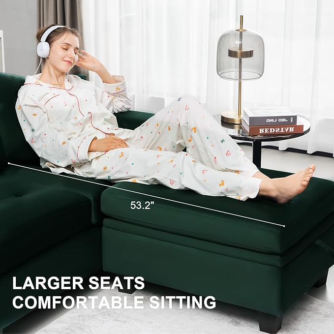 Belffin Velvet U Shaped Sectional Sofa Couch with Storage Ottoman Convertibel Sectional Sofa with Reversible Chaises Green