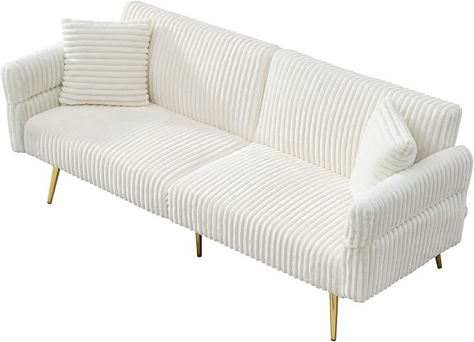 Convertible Sofa Bed Futon Couch Bed with Adjustable Arms and Backrest Modern Love Sofa with Gold Metal Legs for Living Room Bedroom (Corduroy Fabric in Cream White 79Wx29.33Dx27.6H)