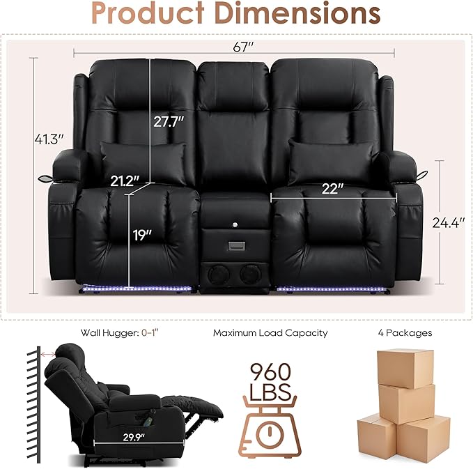 TUNYI Wall Hugger Loveseat Recliner Sofa with Console Power Reclining Loveseat RV Couch with Massage &amp Heat/USB/Outlet/Storage/LED Light/Speaker (Black)