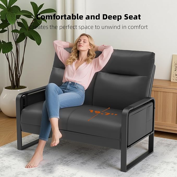 Small Loveseat Sofa with Side Table &amp Metal Legs Upholstered Faux Leather Loveseat for Small Spaces Couch for Living Room Reading Office Bedroom (Black)