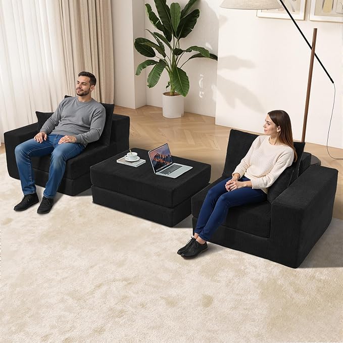 79.5 Sectional Boneless Modular L-shaped Couches for Living Room Small Spaces Convertible Oversized Sleeper Sofa Bed-Luxury 1.5 Full Bed. Corduroy Futon Floor Couch with Non-Slip Base Black.
