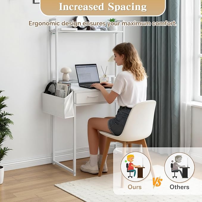 KATHY&ampBOB Freestanding Ladder Desk with Power Outlets Home Office Study Reading Desk with 2 Fabric Drawers and Side Bag 2 Tier Shelf Computer Gaming Desk Vanity Makeup Desk (White)