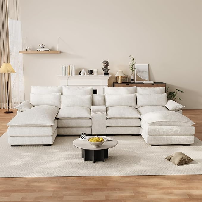 OUYESSIR 135 U Shaped Sectional Cloud CouchBeige Sectional Couches for Living RoomComfy Fluffy Chenille Oversized Cloud CouchModular Sectional Sofa with Central Console &amp Double Chaise Lounge