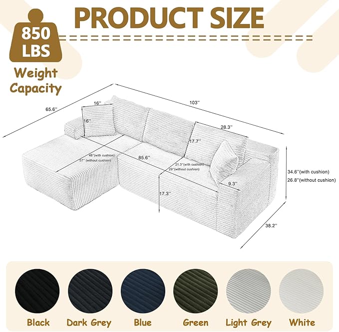 104 Boneless Sectional Couches L Shaped Couch with Deep Seat for Living Room Apartment Corduroy Memory Foam Couch with Comfy Pillows (Saga Green Left Chaise)