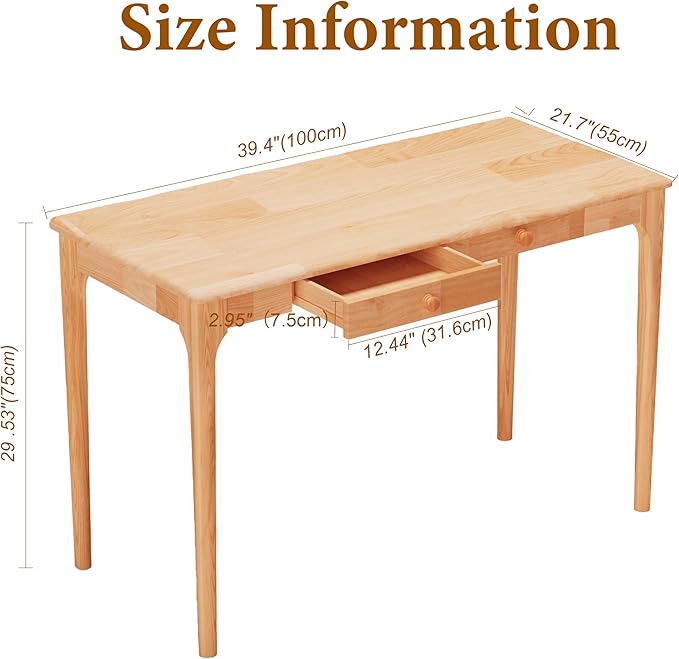 Natural Solid Wood Desk with Drawers Mid Century Modern Real Wood Writing Desk Home Computer Office Desks for Work Standing Desk for Bedroom Small Spaces (Wood Color 40×22(100×56cm))