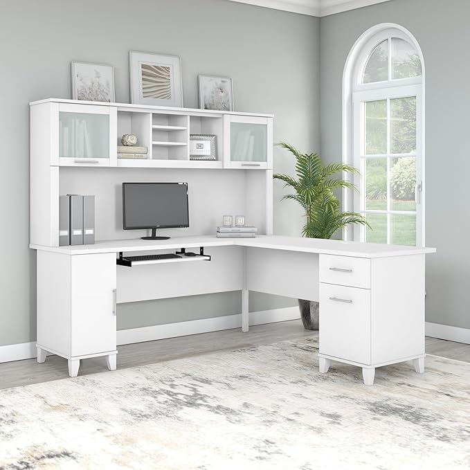 Bush Furniture Somerset L Shaped Desk with Hutch in White | Corner Computer Table with Drawers Cabinets and Pullout Keyboard/Laptop Tray for Home Office