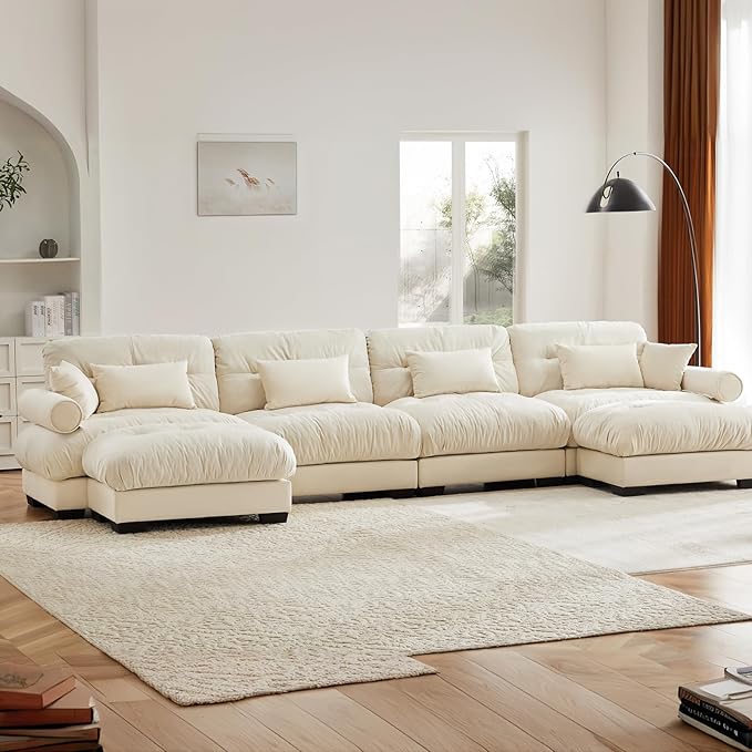166 Oversized Couch 4 Seater Modular Sectional Sofa Beige White Large U Shaped Sectional Couches Fluffy Couch Set 4 Seater Velvet Cloud Couches with Ottoman Sofas for Living Room