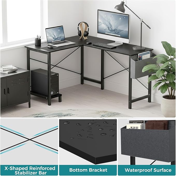 OLIXIS L Shaped Desk 50-Inch Office Computer Gaming Desks Corner PC Table with Side Bag and Reversible Shelf for Home Work Study Writing Black