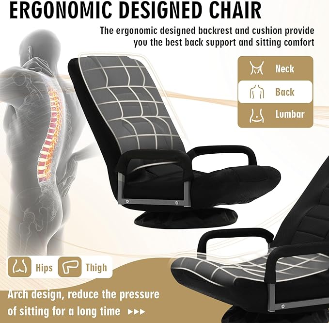Swivel Floor Gaming Chair w/Armrests Folding Video Reclining Sofa w/6 Adjustable Position Padded Backrest &amp Cushion Lazy Lounger Couch for E-Sports Reading Relaxing Watching TV Black