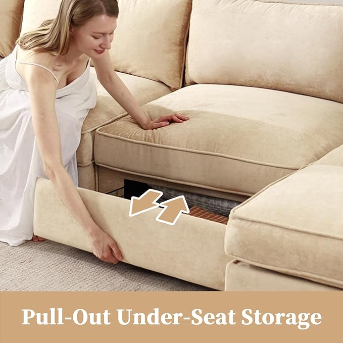 Rovibek 112” L Shaped Couch with Storage Chenille Sofas for Living Room Sectional Couch with Pull Out Drawer &amp Throw Pillows &amp Storage Ottoman Wheat
