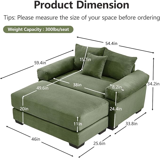54.3 Oversized Modular Sectional Sofa Corduroy Large Sectional Couches for Living Room Single Seat Couches with 1 Movable Ottoman Modern Deep Seat Sofa Set Green