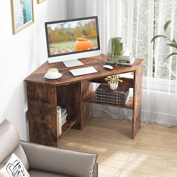 GOFLAME Corner Desk with Storage Shelves Triangular Computer Desk with Cable Management Holes Laptop Workstation for Small Space Makeup Vanity Desk for Living Room Study Rustic Brown