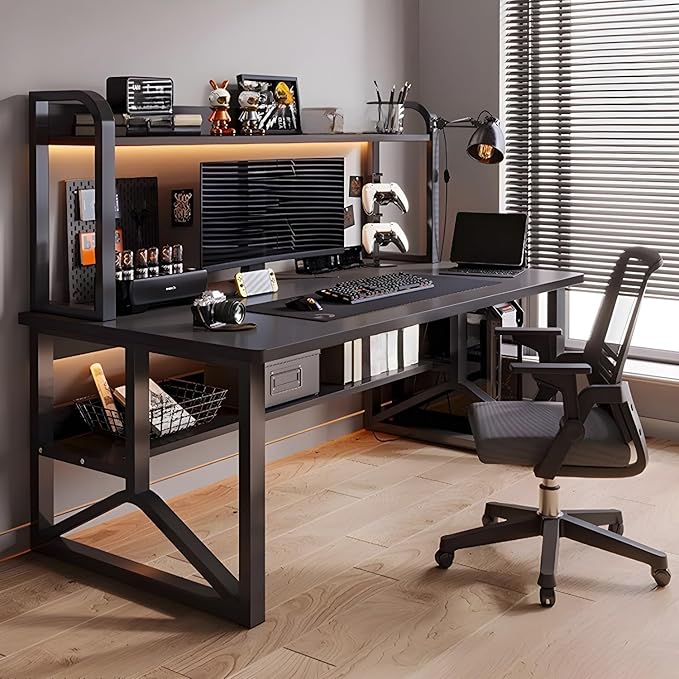 LITFAD Rectangular Wooden Office Desk Modern Computer Desk with Metal Frame and Bookshelf Writing Desk for Home Office - 1 Piece Black Desk only 47.2 L x 23.6 W x 50.4 H
