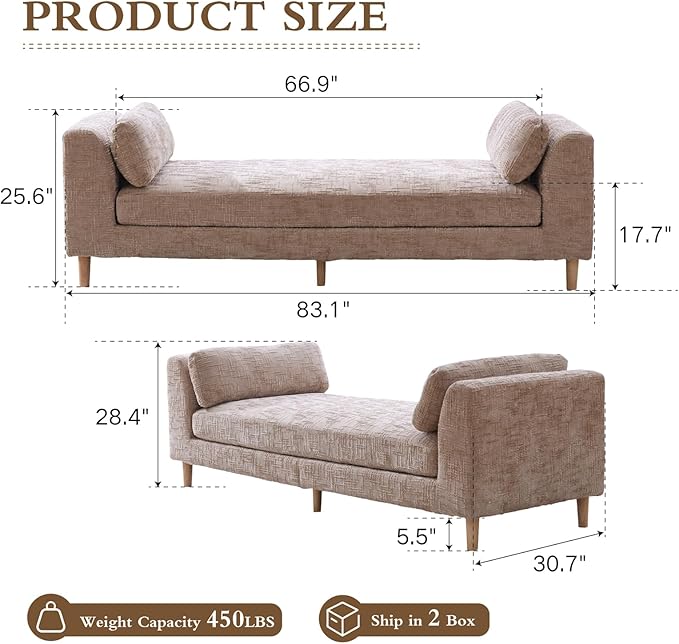 Chifee &amp Vingol 83.1 W End of Bed Bench King Size Bedroom Benches Upholstered Entryway Bench with Removable Pillows for Living Room HallwayWheat