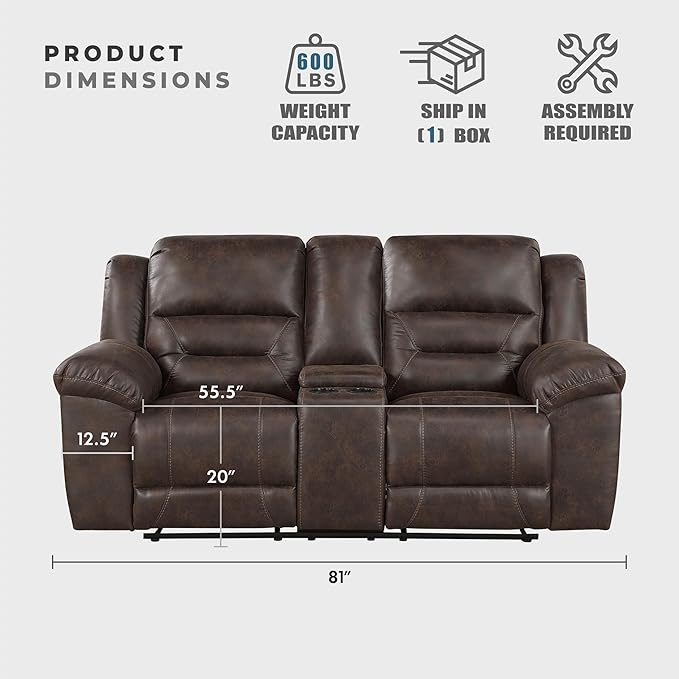 Lexicon Double Recliner Loveseat with Center Console Wall Hugger Manual Reclining Couch Textured Microfiber Upholstered Dual Reclining Love Seat Home Theater Seating Required Assembly Dark Brown