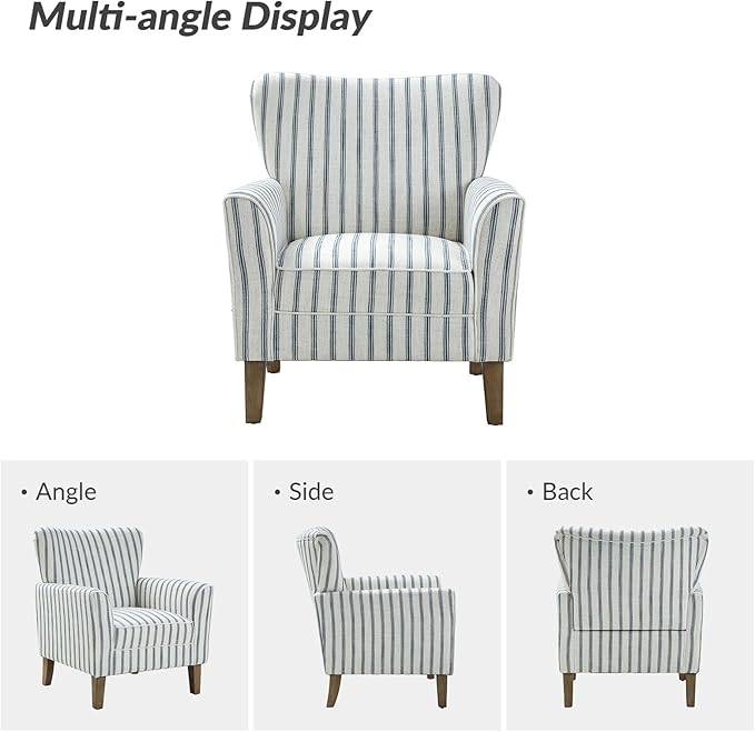HULALA HOME Farmhouse Wingback Accent Chair Upholstered Striped Armchair with Solid Wood Legs Thick Seat Cushion for Living Room or Bedroom Navy