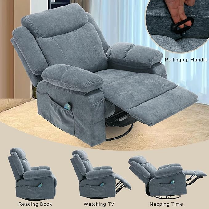 Swivel Rocker Recliner Chair Overstuffed Fabric Massage Recliner Chairs with Heat for Adults Oversized Reclining Sofa Manual Home Theater Rocking Recliner Lounge ChairsBlue