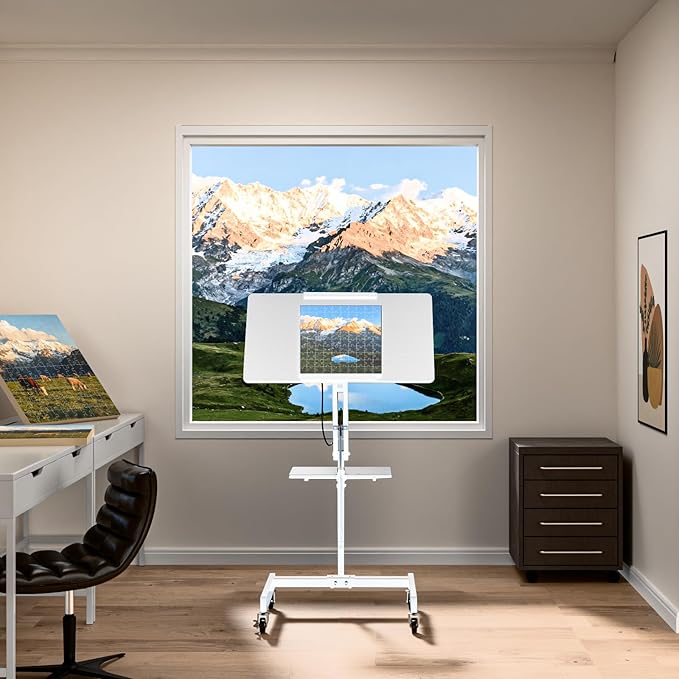 Mobile Standing Desk with Wheels Height Adjustable Laptop Table 27.56 Inch Portable Ergonomic Workstation with Locking Casters &amp Tilting Top White
