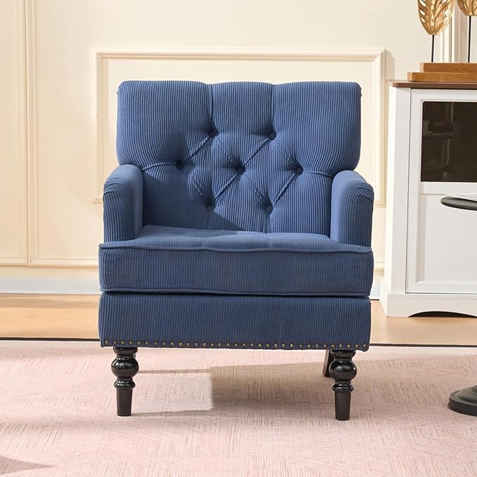 Mid Century Modern Accent Chair Upholstered Armchair for Adults with Button Linen Reading Chair with Studded and Rubber Wood Legs for Living Room Bedroom Apartment Office (Blue)