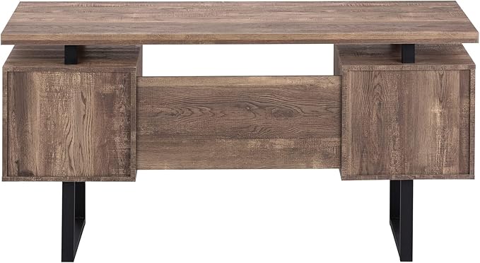 BOWERY HILL Computer Desk 60 in Wide Metal Legs Brown Reclaimed Wood-Look Finish Storage Drawers Thick-Panel Floating Top Reversible Configuration Modern Style Home Office Writing Desk