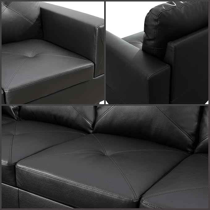 L-Shaped Sectional Sofa with Movable Chaise &amp Storage Ottoman Leather 3-Piece Modular Convertible Couches for Living Room Black