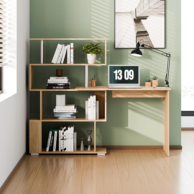L Shaped Computer Desk Corner Desk 360 Degree Rotatable Space Saving Table with Spacious Storage for Home Office Workstation Study 157 x 45 x 130.5 cm Oak