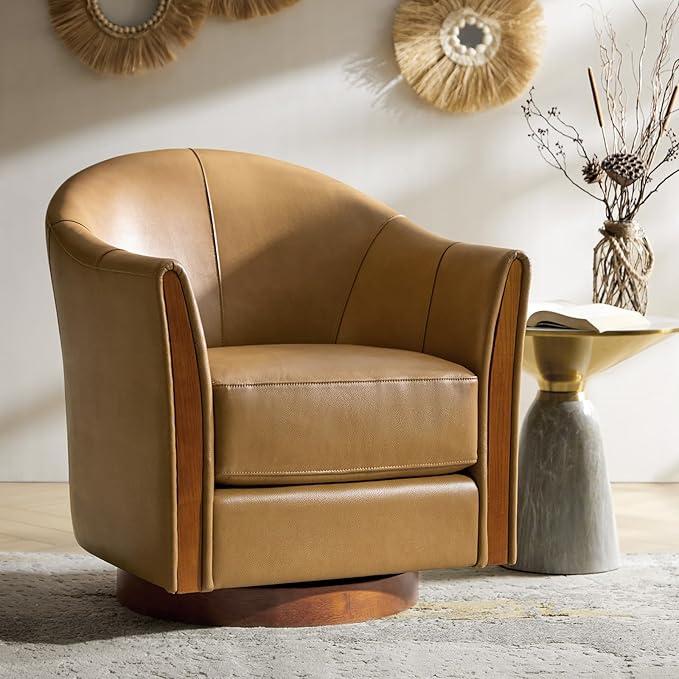 HULALA HOME Genuine Leather Swivel Accent Chair with Solid Wood Base Round Swivel Barrel Chair for Living Room and Bedroom Camel