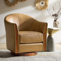 HULALA HOME Genuine Leather Swivel Accent Chair with Solid Wood Base Round Swivel Barrel Chair for Living Room and Bedroom Camel