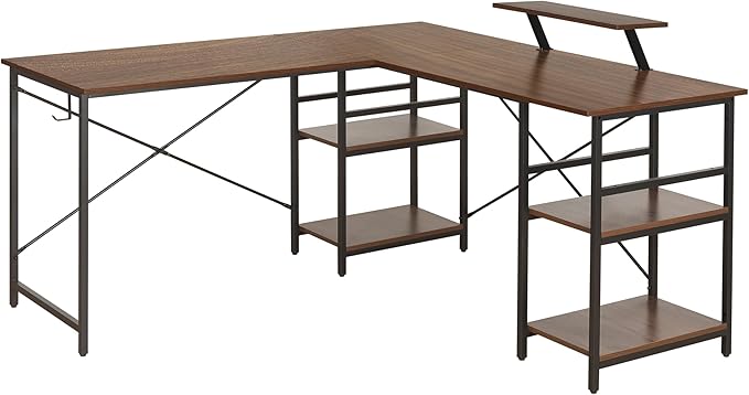 Techni Mobili Office Desk - Reversible L Shaped Desk with Storage Shelves Monitor Stand &amp Accessory Holder - Ergonomic &amp Industrial Workstation Corner Table with Durable Steel Frame Walnut