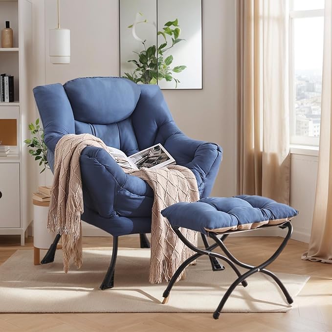 Lazy Chair with Ottoman Large Royal Blue Accent Chair with Ottoman Comfy Reading Armchair Leisure Sofa Chair for Living Room Bedroom Dorm Room Office