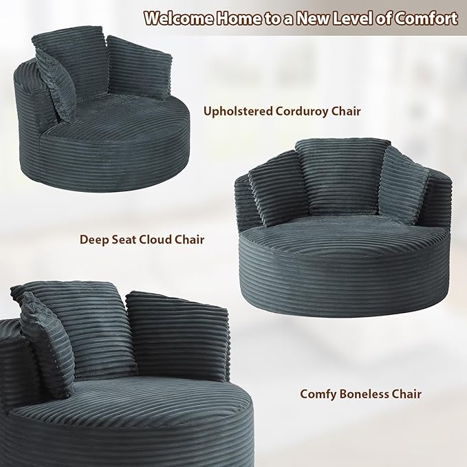 Round Chair Lounge Chaise Indoor 48.8 Oversized Sofa Chair Upholstered Corduroy Deep Seat Sleeper Sofa Bed No Assembly Required for Living Room Bedroom Apartment Dark Gray