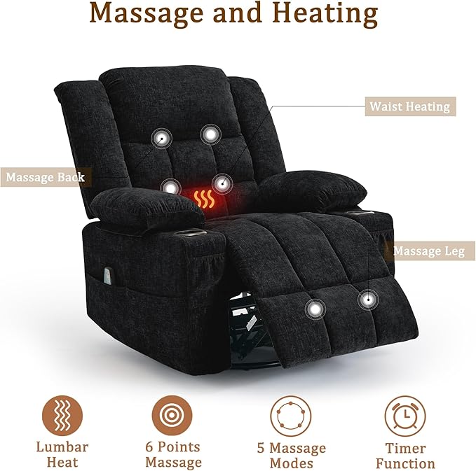 Adult 360° Rotating Recliner with Massage and Heating Functions Cup Holder and Manual Tilt Mechanism Suitable for Living Room and Bedroom (Fabric Black)