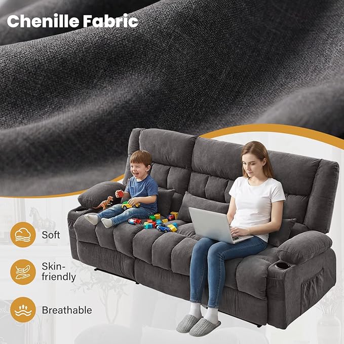 BOSMILLER Reclining Sofa with Cup Holders for Living Room 3 Seat Manual Sofa Recliner with Side Pocket