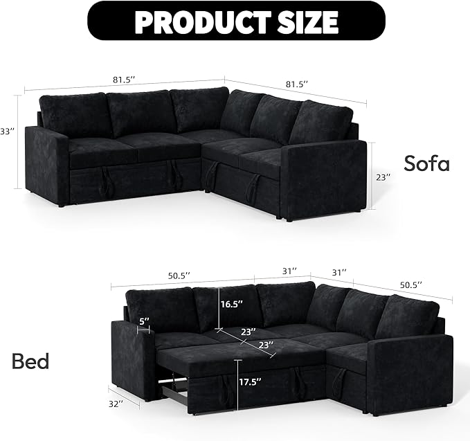 Modular Sofa Bed Couch with Storage 82 Reversible Sleeper Sofas with Pull Out Bed Pull Out Couch for Living Room Apartment Bedroom Office Velvet Black