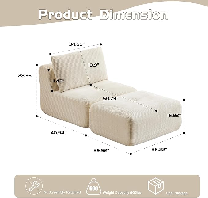 Memory Foam Compressed Sofa Bed Modern Beige Single Chaise Louge Comfy Futon Floor Couch Pet Friendly Fectional Couch for Living Room Bedroom No Assembly Movable OttomanCorduroy