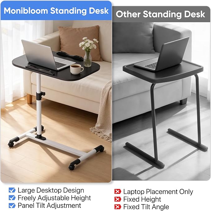 MoNiBloom Mobile Laptop Desk 360° Rotatable Panel Adjustable Height Desk Rolling Cart Ergonomic Table with Wheels for Home Office School Black