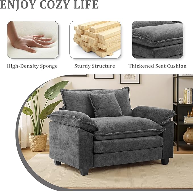 Oversized Accent Chair with OttomanOversize Chair Chenille Sofa with ArmrestsComfy Living Room Sofa with Deep Seat &amp PillowsOversized Reading Accent Chairs Couch Lounge for Bedroom (Grey)