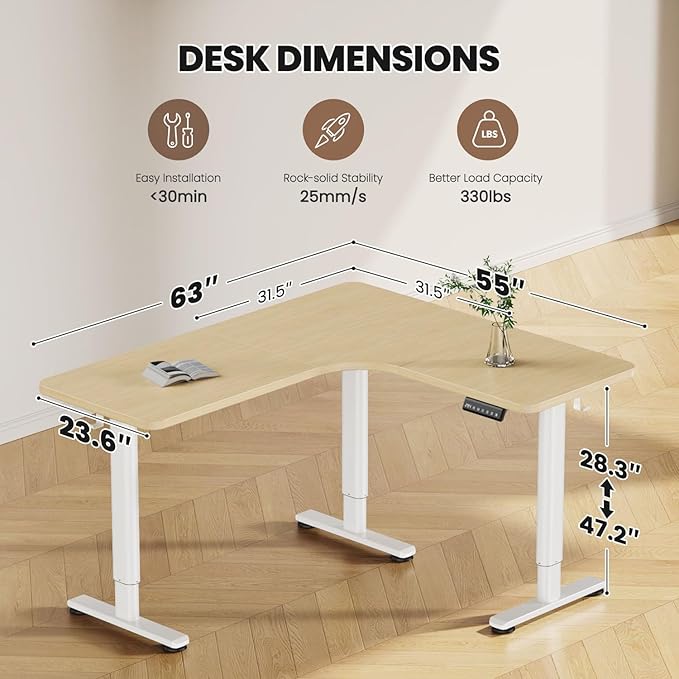 Flycity Electric L Shaped Standing Desk Adjustable Height 63 x 55 Corner Stand Up Table Home Office Desk Dual Motor Sit Stand Desk Computer Desk with 3 Memory Preset &amp Lock Maple