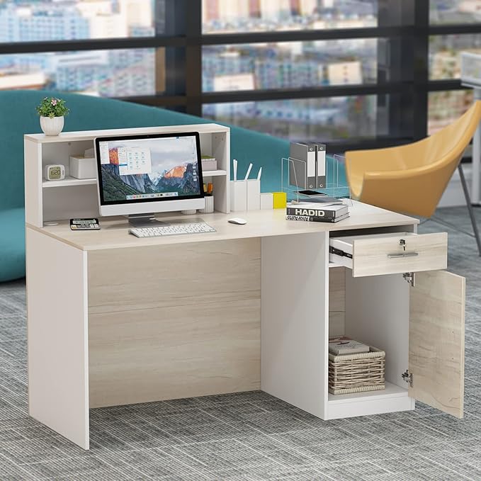 Homsee Modern Reception Desk Counter with Hutch Lockable Drawer &amp 1 Door Cabinet Office Wooden Computer Desk Reception Table White and Brown (55.1”L x 23.6”W x 43.3”H)