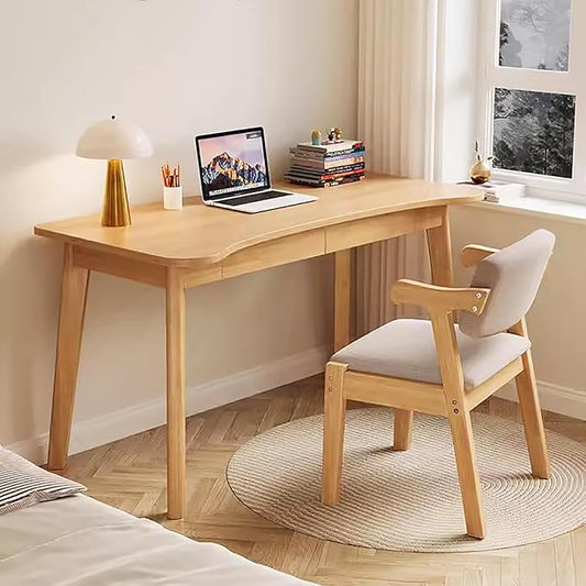 Solid Wood Computer Desk with DrawersModern Home Office DeskWooden Writing Desk Curved Table Top Study Table(47inch Natural)