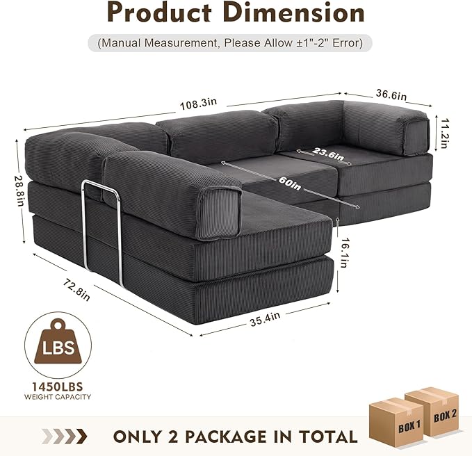 108 L Shaped Couch Modular Sectional Sofa with Chaise Cloud Boneless Couch with Deep Seat &amp Removable Pillow for Living Room BedroomNo Assembly Required（Grey）