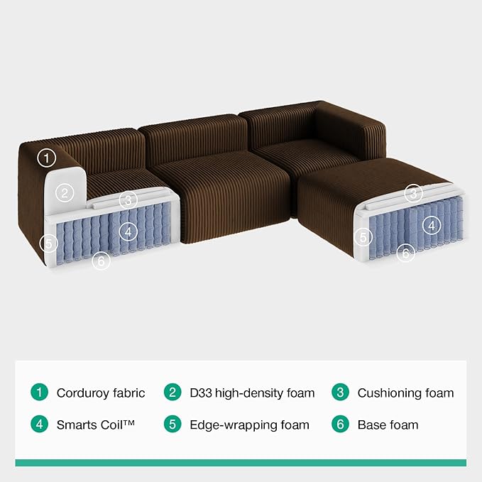 Novilla 141 Modular Sectional Sofa Modern Cloud Sectional Couch with Smarts Coil® Support U-Shape Boneless Couch for Living Room Apartments No Assembly Required Brown (4 Seat w/ 2 Ottoman)