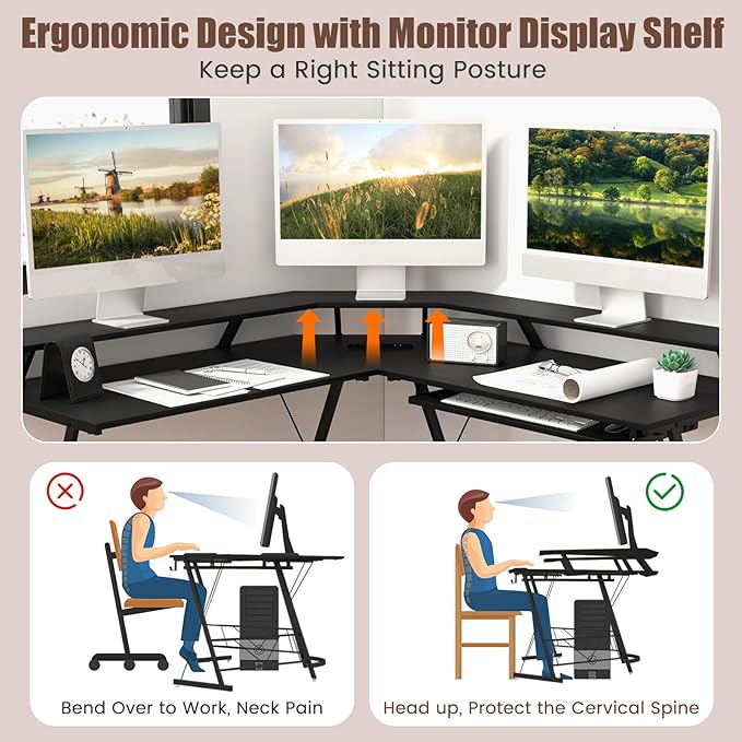 Giantex L Shaped Computer Desk with Power Outlet 51 Corner Computer Desk with Monitor Stand and Reversible Keyboard Tray Modern Gaming Desk with Hook Home Office Desk Workstation (Black)