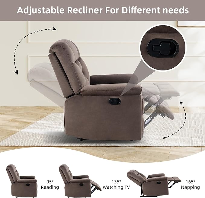 EBELLO Manual Recliner Chair for Adults with Soft Padded Headrest and Backrest Overstuffed Single Recliner Sofa Chair for Living Room Dark Brown
