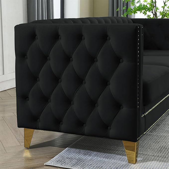 Antetek Comfy Upholstered Couches for Living Room 58-inch Modern Button Tufted Loveseat Sofa w/Square Arm 4 Golden Metal Legs and Gold Nail Heads for Living Room Office Apartment Black