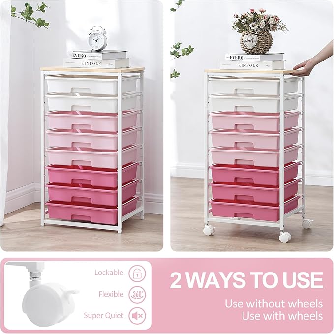 Rolling Cart with DrawersStorage Cart with 8 Drawers and Wooden TabletopUtility Cart for Living RoomClassroom BedroomBathroomDormOfficeRose Pink